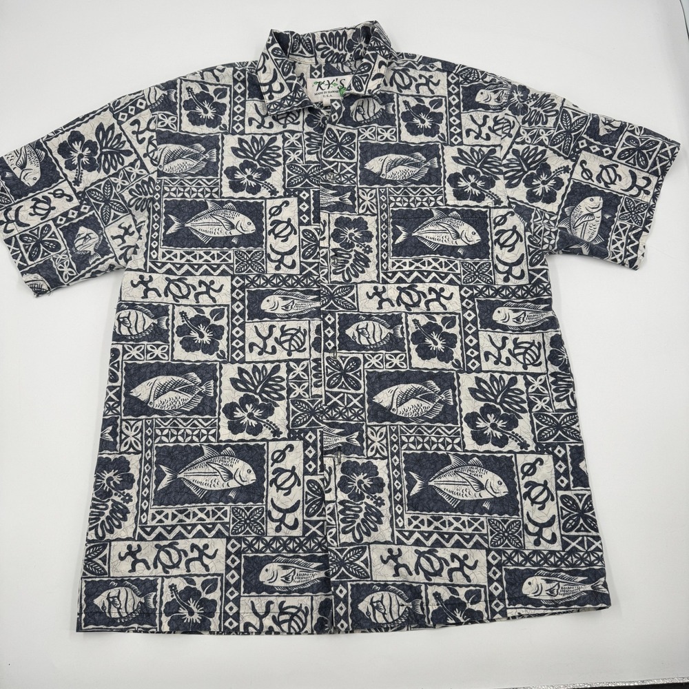 KY'S Hawaiian Button Down Shirt Mens M Navy White Fish Floral Tribal Made in USA
